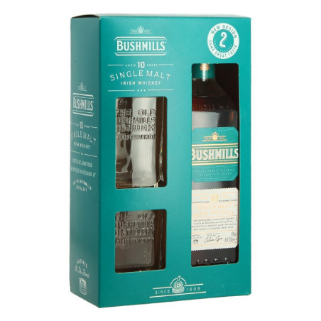 Box BUSHMILLS 10 Years Irish Single malt Whiskey + 2 Glasses 70 cl 40°