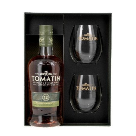 Highlands Single Malt whiskey TOMATIN 12 YO + 2 Glasses 70 cl